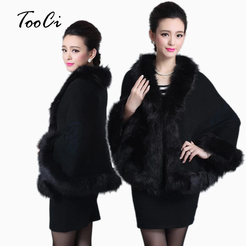 Offerte Donne Cappotto di Pelliccia Del Faux Primavera Maglione Nero Cardigan Femminile collo di Pelliccia di Volpe Del Poncio Del Capo Da Sposa Da Sposa Scialle di Lana Del Capo 12 colori