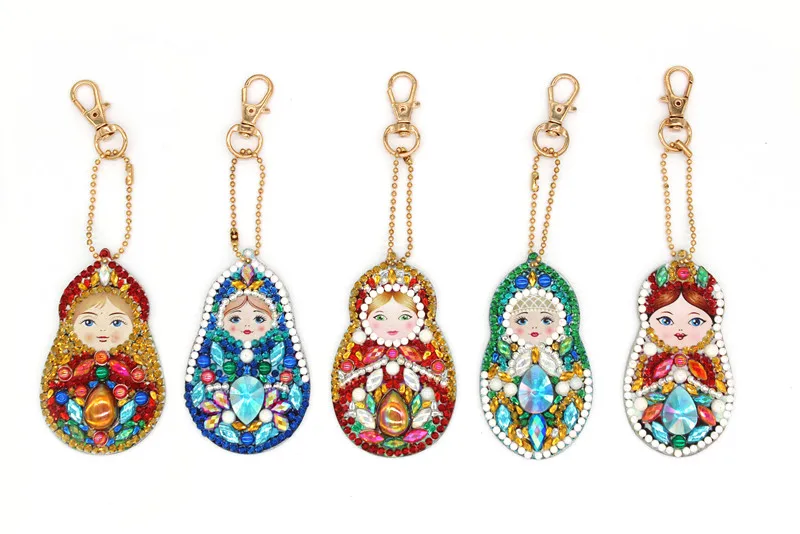 

5PCS DIY Full Special Shaped Diamond Painting Doll Russia Cartoon Keyring Cross Stitch Embroidery bag keychain