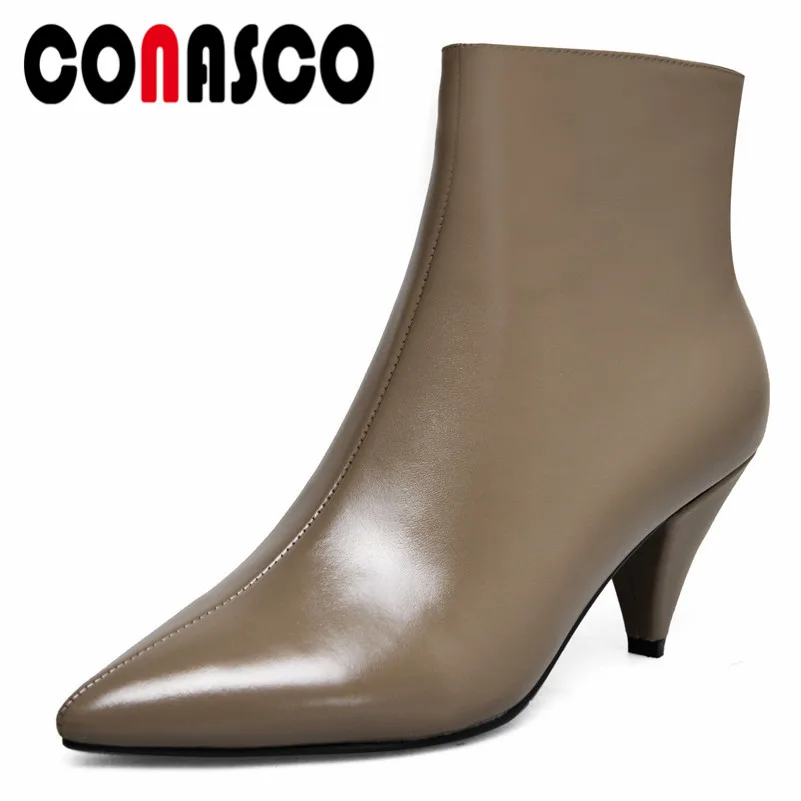 

CONASCO New Arrival Women Short Boots Genuine Leather High Heels Shoes Woman Pointed Toe Zipper Office Career Brand Martin Boots