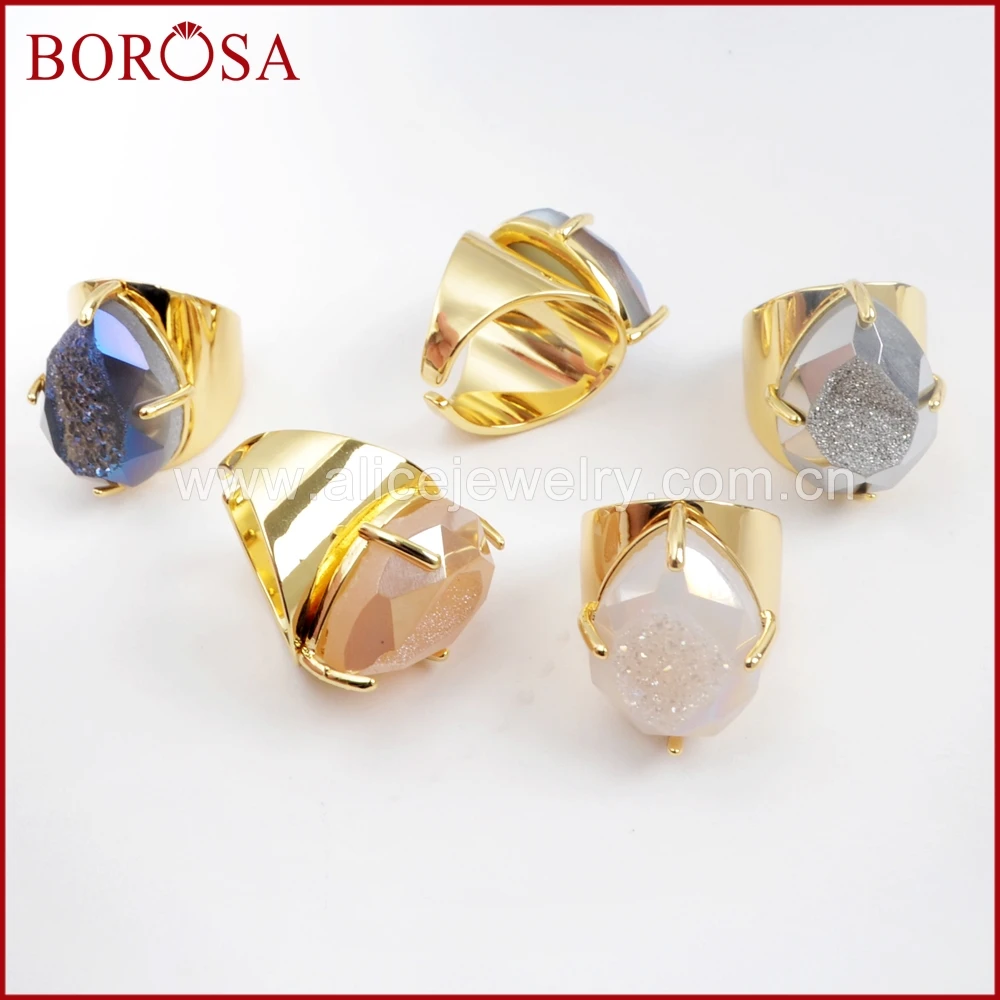 

BOROSA 5pcs Teardrop Gold Color Claw Rainbow Titanium Druzy Faceted Ring,Mixed Drusy Bang Rings Jewelry for Women ZG0310