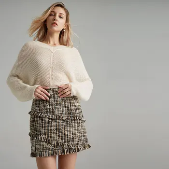 

Entry Luxury 2019 Spring Autumn Ladies Tassel Fringe Tweed Skirts Female High Waist Slim Mini Skirt Y178