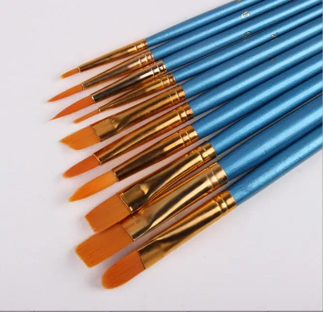 

Blue 10Pcs/Set Watercolor Gouache Paint Brushes Different Shape Round Pointed Tip Nylon Hair Painting Brush Set Art Supplies