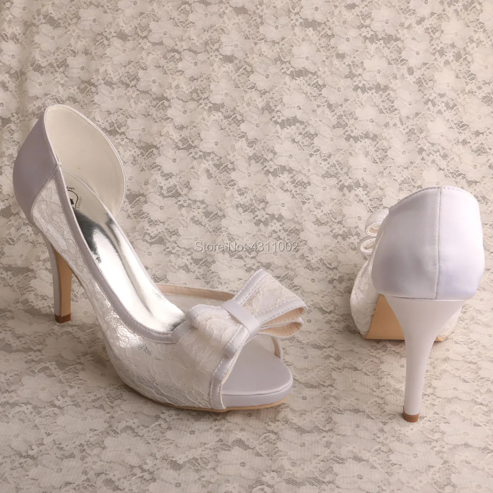 Стильная женская свадебная обувь на платформе; белые кружевные туфли на высоком каблуке с бантом для невесты
