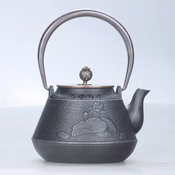 

Japanese cast iron tea pot without coating manual annual fish play lotus copper handle cover water kettle teapot