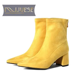 

MLJUESE 2019 women Mid calf boots yellow color pointed toe zippers autumn spring women boots casual boots size 34-43