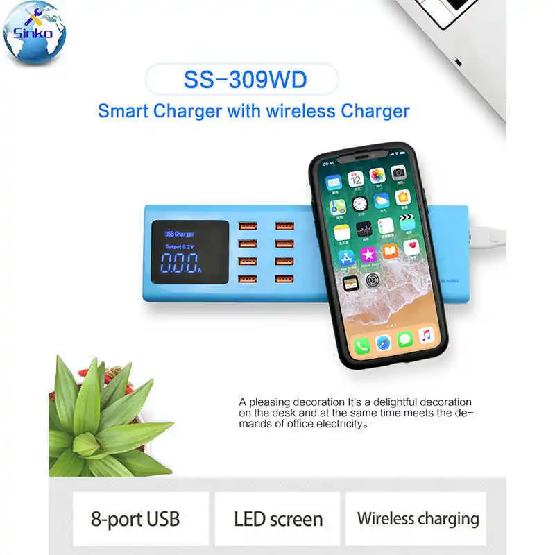 

Sunshine SS-309WD 8 Ports USB Charger LED Screen Wireless Charging iPhone Samsung iPad Tablet Huawei Macbook