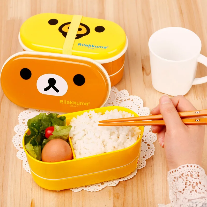 

Bento box high Quality 1Set Plastic Bento Lunch Box Brown Color Microwave Rilakkuma Bento Multilayer Children Lunch Box