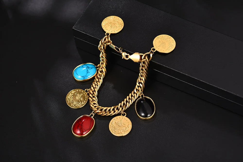 Length 22.5CM/Turkey Coin Bracelet for Women Gold Color Turks Simgesi Osmanli Turasi Muslim Islam Bangle Arab Allah Jewelry