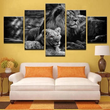 

Modular Canvas Wall Art Printed Poster Home Decor 5 Pieces Black White Animal Pictures King Of The Forest Lions Painting