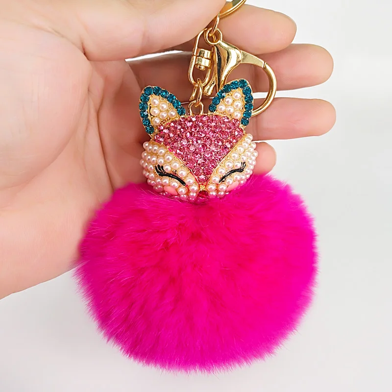 

Lovely Crystal Faux Fox Rabbit Fur cony hair ball Pompom Keychains Women Trinkets Suspension On Bags Car Key Chain Keyrings Gif