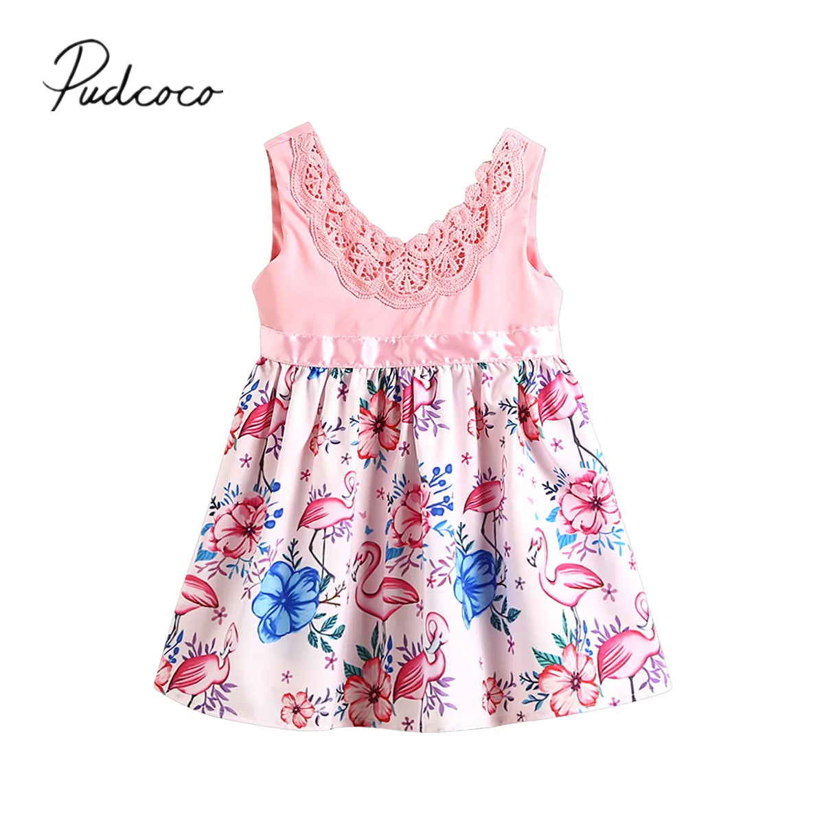 

2018 Brand New Toddler Infant Child Kids Baby Girls Dress Flamingo Lace Floral Casual Party Dresses Sundress Cute Clothes 2-6T