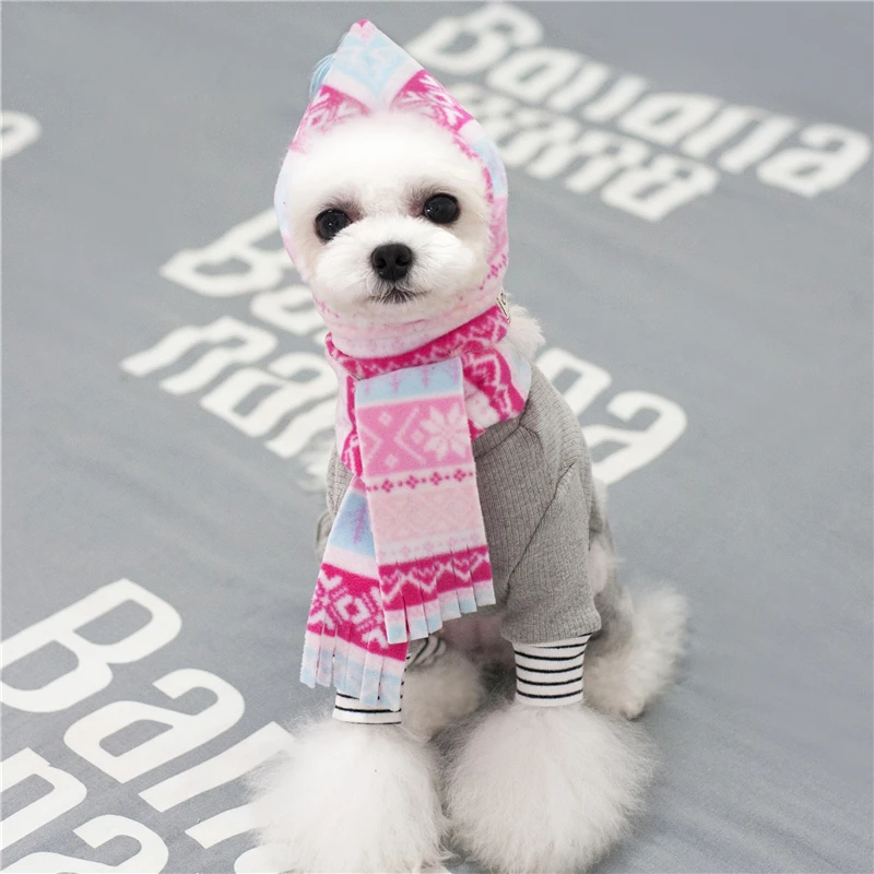 Luxury Pink Knitted Pet Dog Hat With Scarf Set Winter Warm Puppy Little Small Medium Cat Neck Scarf For Girl Boy Accessories Pug