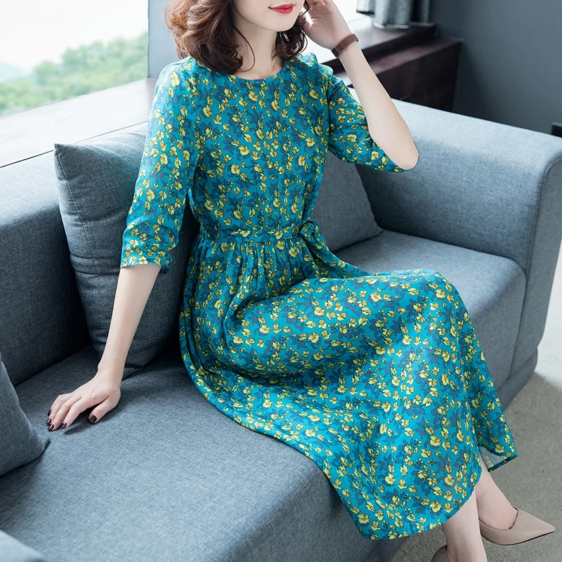 

Summer New Korean Plus Size Women Midi Dress A-Line Round Neck Elegant Floral Print Dress Female Vestidos Feminina Dress