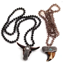 Модные длинные Хрустальные стеклянные завязанные рог и Большая подвеска «зуб» ожерелье s для женщин национальное ожерелье