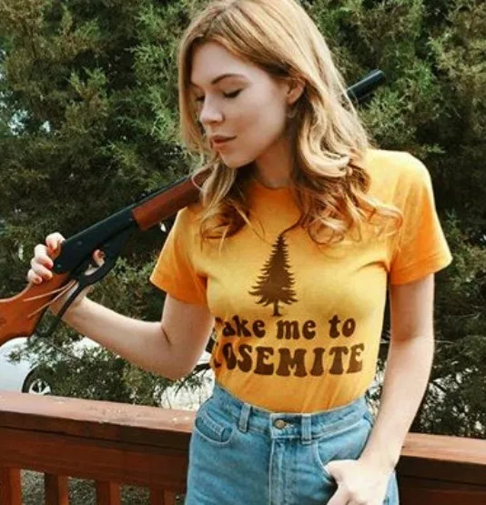 Топ с принтом Hillbilly Take ME YOSEMITE футболка из хлопка круглым вырезом женская коротким