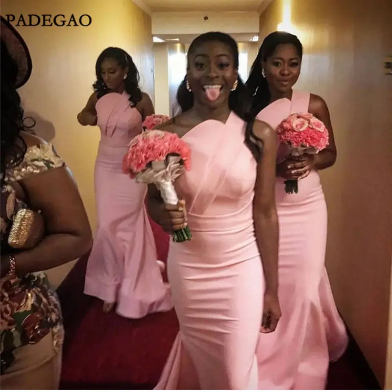 one shoulder mermaid pink bridesmaid dresses for wedding party
