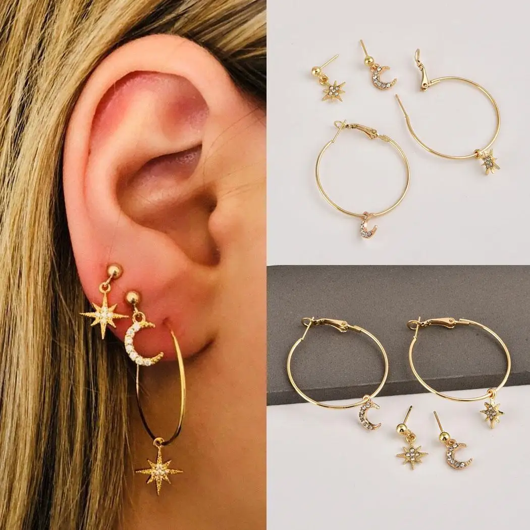 

Women Earrings Fashion Rhinestone Moon Star Stud Moon Casual Earrings Gold Ear Push Back Hoop Set Female Accessories