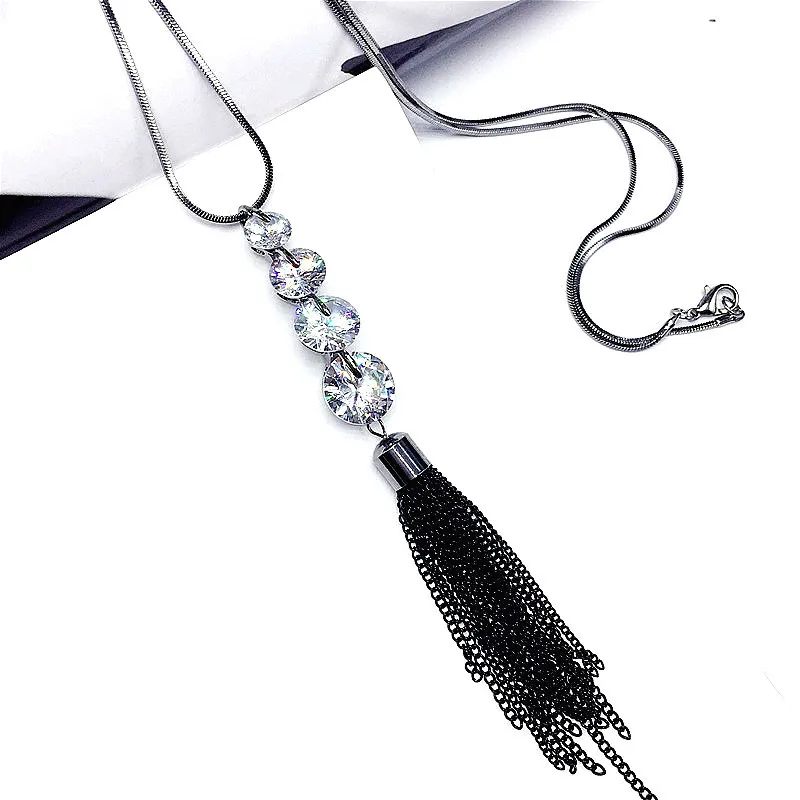 

Elegant Crystal Tassel Long Necklace Women Bijoux Fashion Jewelry Sweater Necklaces & Pendants Black Colors