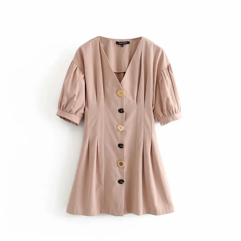 

QZ207 European Design Pleated Design Pink Color Buttons Deco Dress V Neck Slim Waist Vestidos