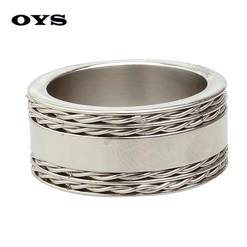 Cool 10mm Wide Retro Style Stainless Steel Mens Ring with Rope Pattern Silver Color Ring Free Shipping