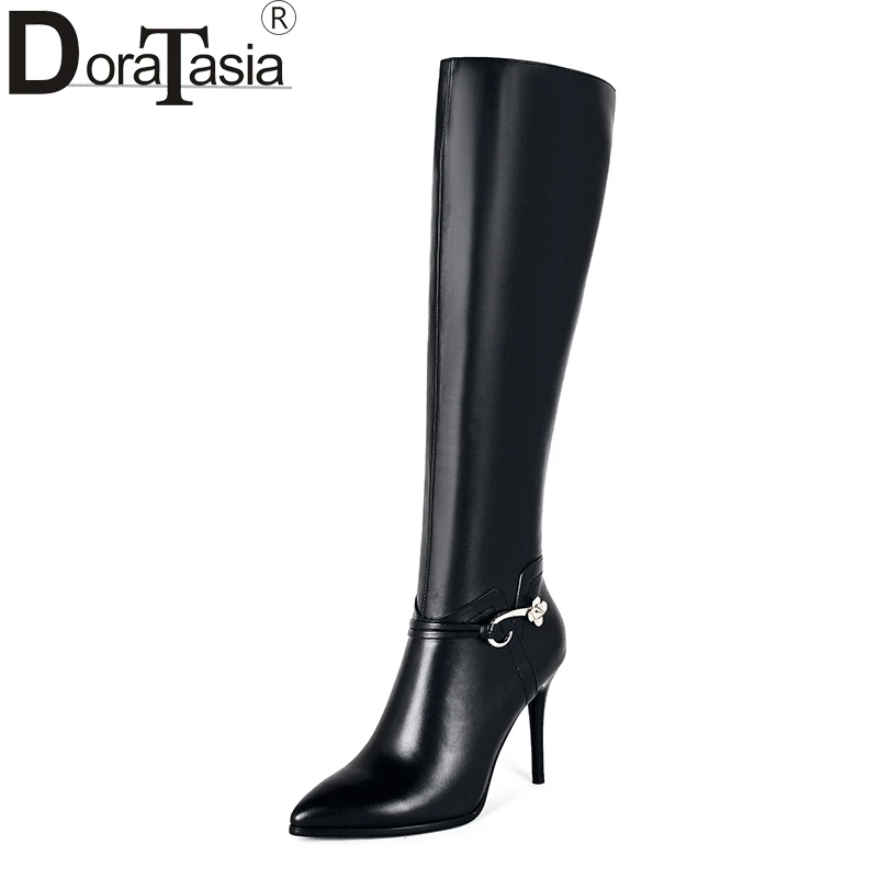 Kopen DoraTasia 2017 Grote Maat 33 43 Echt Leer Puntschoen Winter Schoenen Vrouw Sexy Dunne Hoge Hakken Partij Laarzen zwart