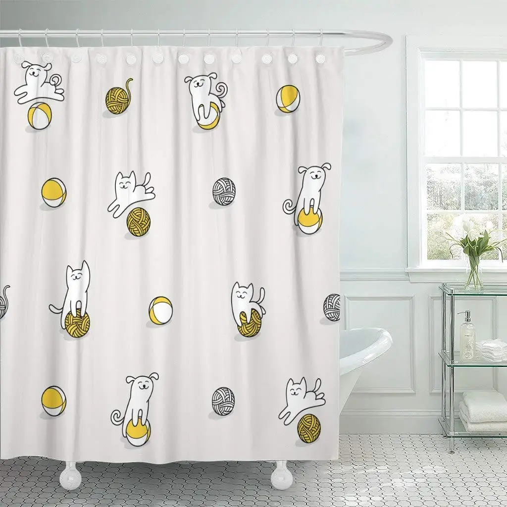 Shower Curtain with Hooks Little Cat and Dog are Playing Toy Wool Balls Children Cute Character Graphic Decorative Bathroom | Дом и сад