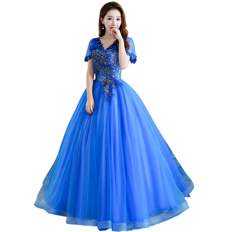 Бальные платья Quinceanera синего цвета с коротким рукавом фатиновое кружевное платье