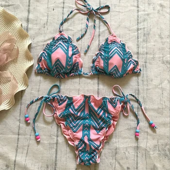 

2018 Women Cute Pink Floral Bandage Push-up Bikini Set Padded Bra Beachsuit Thong Swimwear