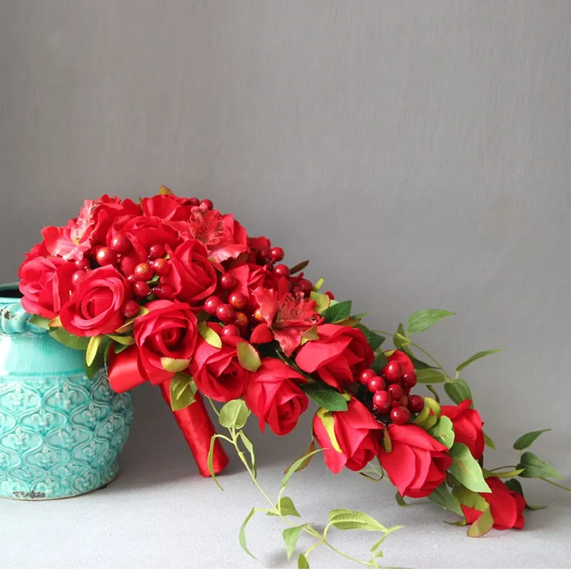 JaneVini 2018 шелк красный водопад свадебные букеты для свадьбы розы ручной работы свадебные букеты Каскадный букет De Mariage
