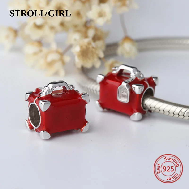 StrollGirl luxury suitcase charms with red enamel 925 silver trunk beads fit original pandora bracelet jewelry making women gift