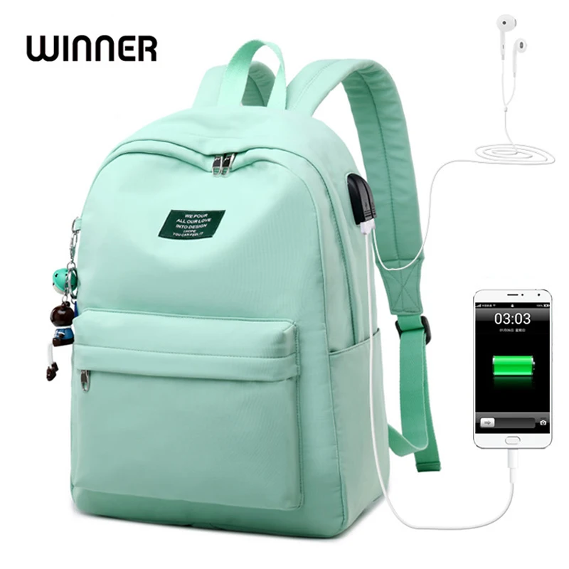 الفائز بلون الطباعة محمول على ظهره للفتيات Usb شحن الحيوان قلادة الأطفال الحقائب المدرسية الإناث السفر Mochila حقيبة