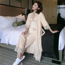 Осень Для женщин халат Комплект Высокое качество Роскошный халаты кимоно с длинными рукавами пижамы сексуальная ночная рубашка для женский набор