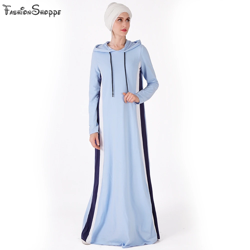 

Women Casual Hooded Long Dress Muslim Maxi Robe Girls Islamic Arab Sport Gown Patchwork Contrast Color Fashion Long Sleeve Robe
