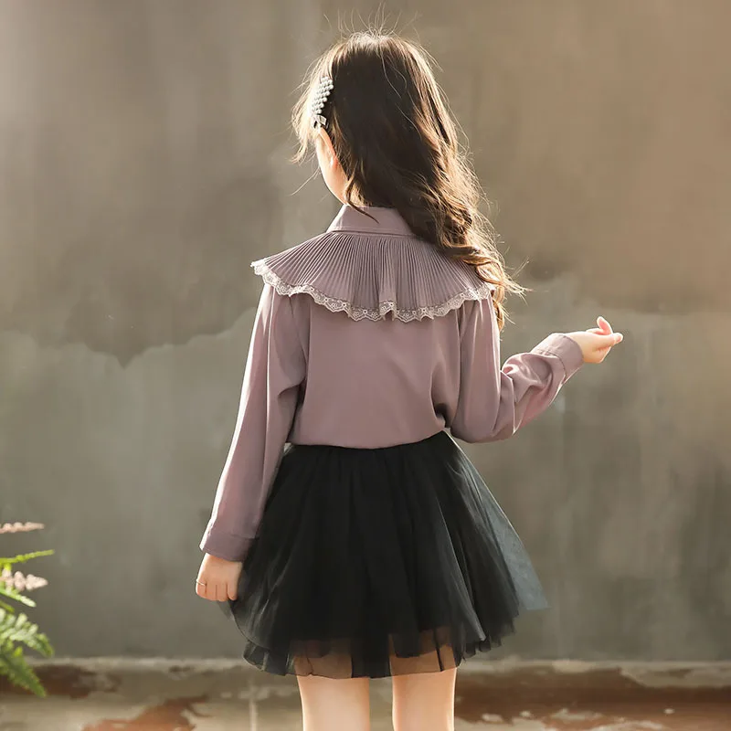 Новинка года, детские блузки рубашки с длинными рукавами в Корейском стиле Модная рубашка для малышей блузка с бантом для девочек Весенняя кружевная Детская рубашка#3795