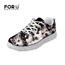 FORUDESIGNS/Женская обувь на плоской подошве с милым принтом собаки хаски; удобная дышащая повседневная обувь на шнуровке; женская обувь на плоской подошве для девочек