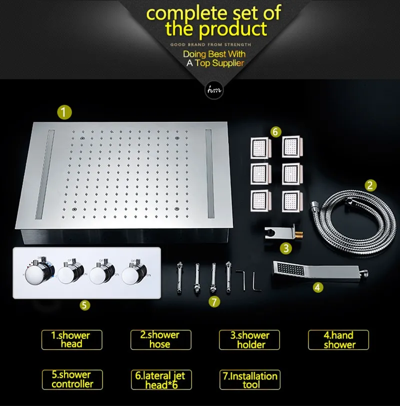 hm LED Rain Shower Set with 2 Lights with Handshower Body Jet Massage Thermostatic Mixer Bathroom Ceiling (24)