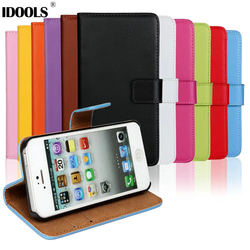 

IDOOLS New Real Genuine Leather Case for iPhone SE Flip Stand Design Phone Back Cover Wallet with Card Slot Book Style Black