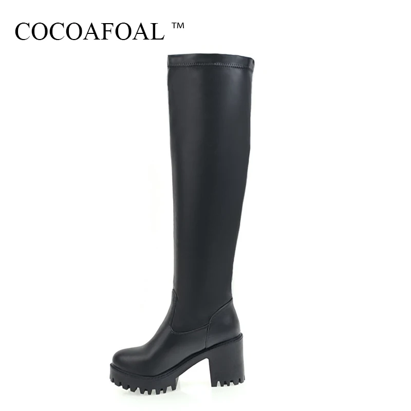 

COCOAFOAL Women's Black Round Toe Knee High Boots Autumn Winter White Woman High Heel Shoes Sexy Platform Knee High Boots 2018