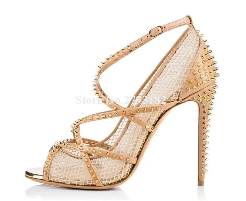 

Brand Style Women Fashion Peep Toe Mesh Thin Heel Gold Rivet Pumps Ankle Strap Cut-out Lace Nude Black Spike High Heels