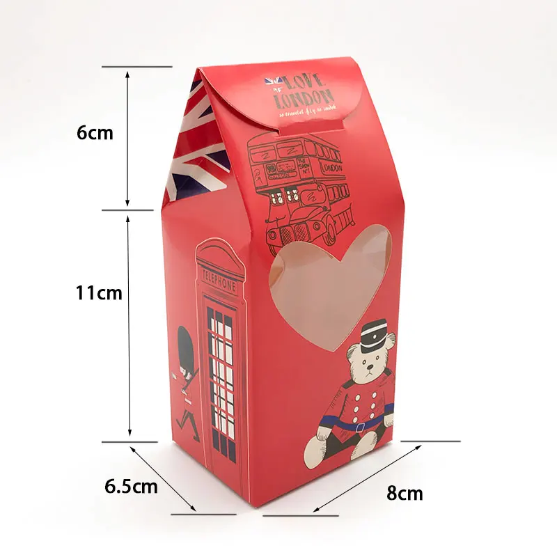 20 шт. коробка для конфет Красного солдата с сердечком, точеным окном, надписью Love London для свадьбы, дня рождения, вечеринки, конфет, печенья