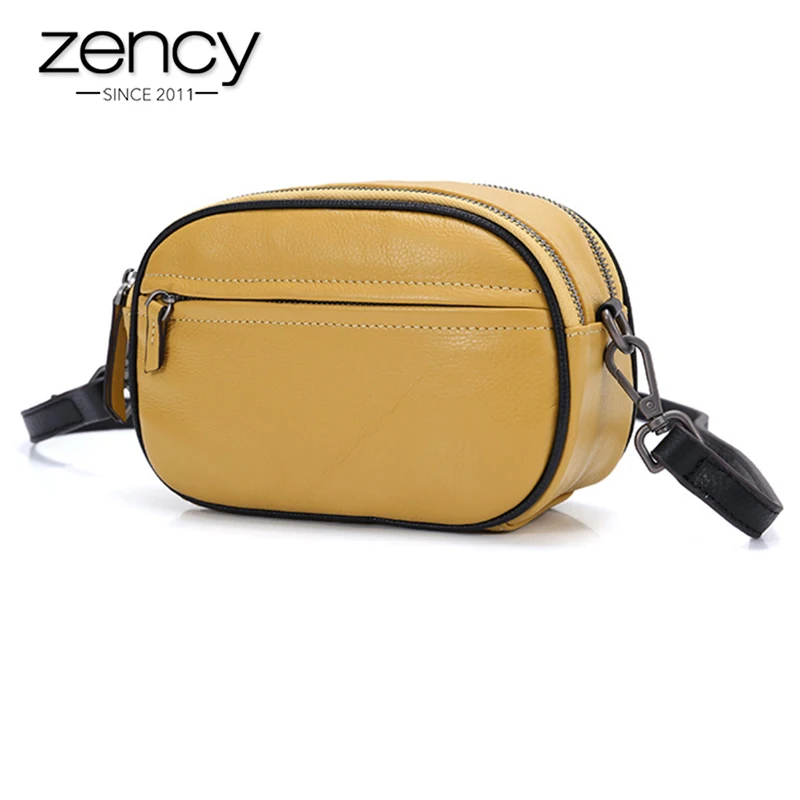 

Zency 100% Cowhide Genuine Leather Elegant Women Messenger Bag Summer Yellow Shoulder Bags Round Shap Pillow Purse Small Flap