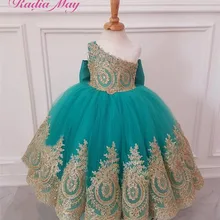 Бирюзовое, синее, Тюлевое платье с цветочным узором для девочек Золотое кружевное платье с аппликацией на одно плечо, платье для первого причастия г. пышное платье для маленьких девочек