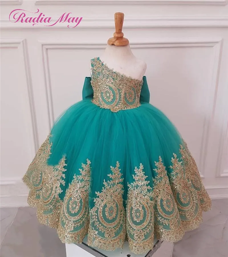 Turquoise Blue Tulle Flower Girl Dresses Gold Lace Applique One Shoulder First Communion Dresses
