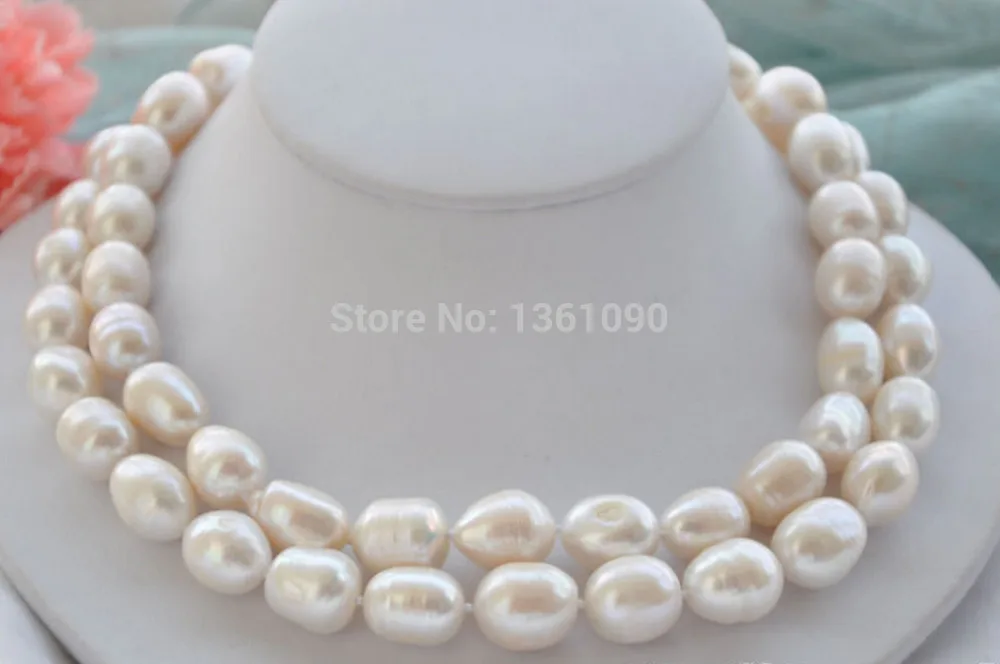

00465 2strands Huge 16mm white rice freshwater pearl necklace AAA