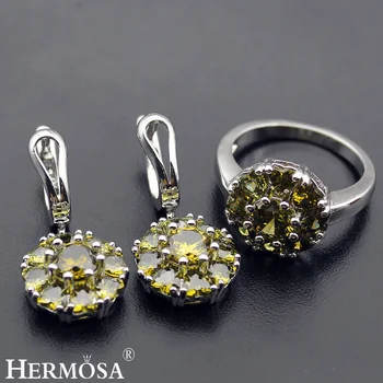 

Hermosa Jewelry Advanced Fashion Set Peridot 925 Sterling Silver Women Ring+ Earrings 7.5# BK045