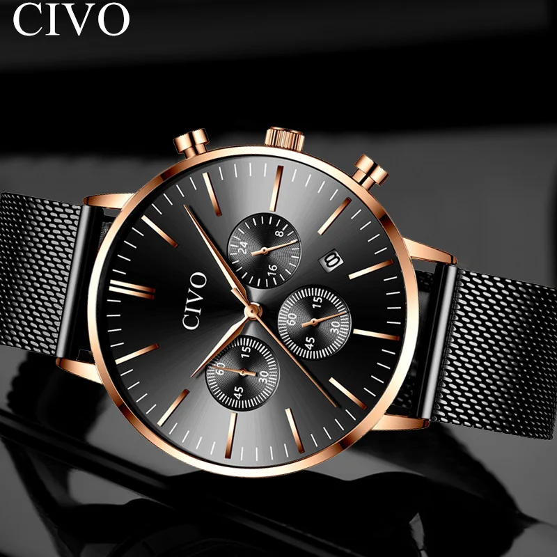 

CIVO 2019 New Luxury Brand Men Fashion Watch Sports Quartz Mesh Strap Wristwatch Chronograph Calendar Multifunction Watches