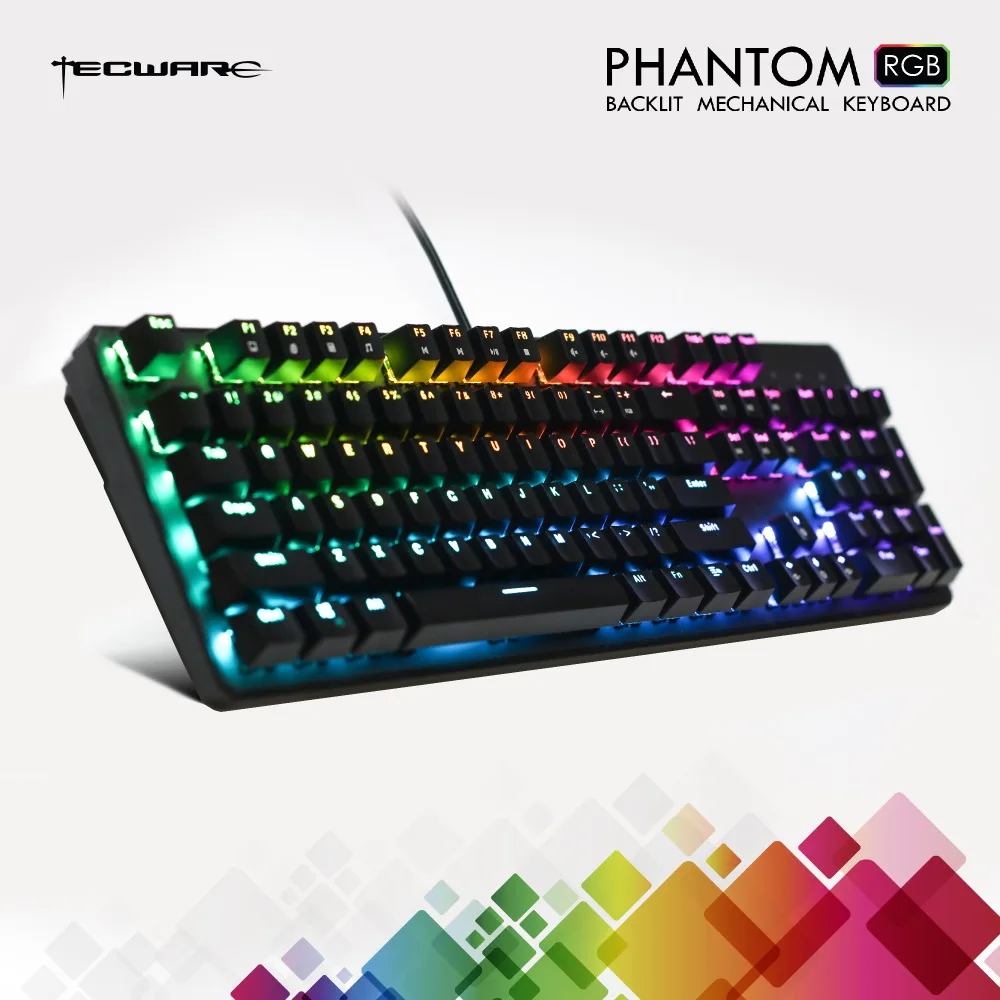 Цена Механическая клавиатура TECWARE Phantom 104, RGB LED, переключатель Outemu Blue, дополнительные переключатели, отлично подходят для геймеров