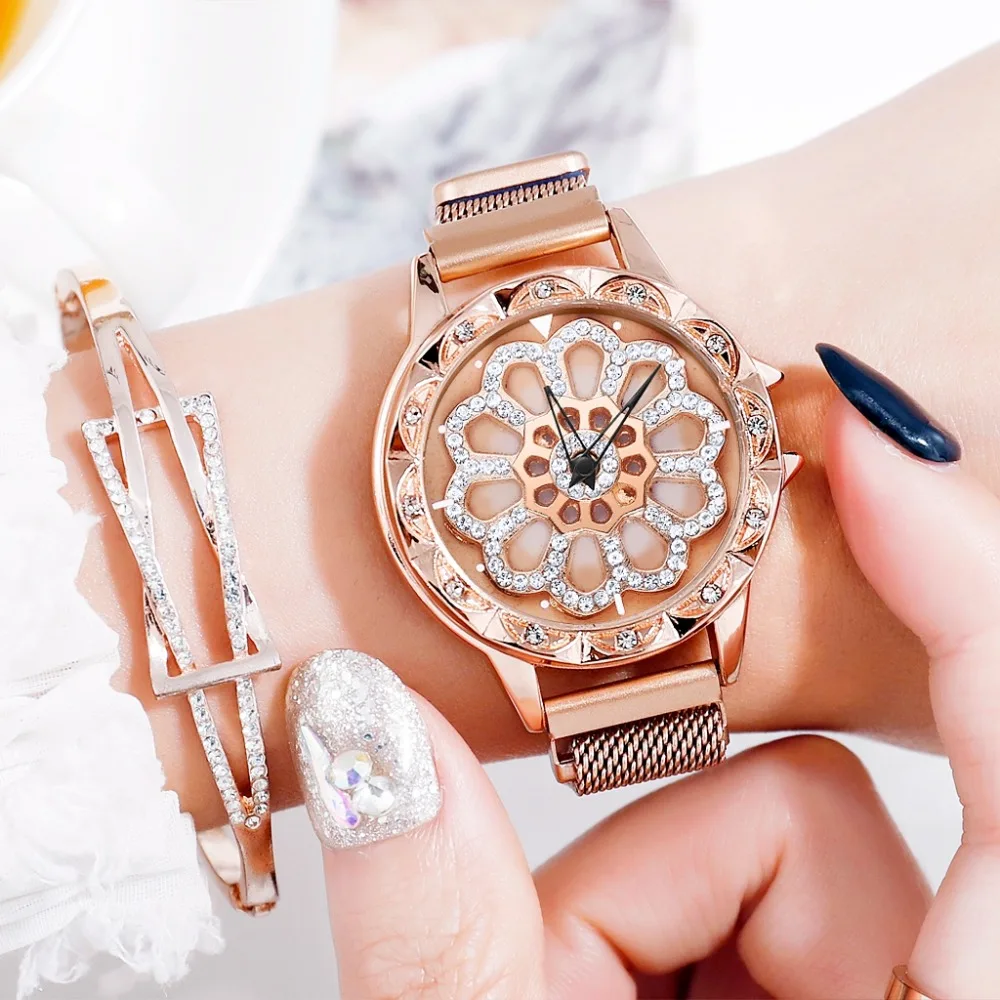 

Luxury Watch Women Bracelet Mesh Magnet Buckle Lucky Flower Watch 360 Rotated Rhinestone Quartz Watch Relogio Zegarek Damski