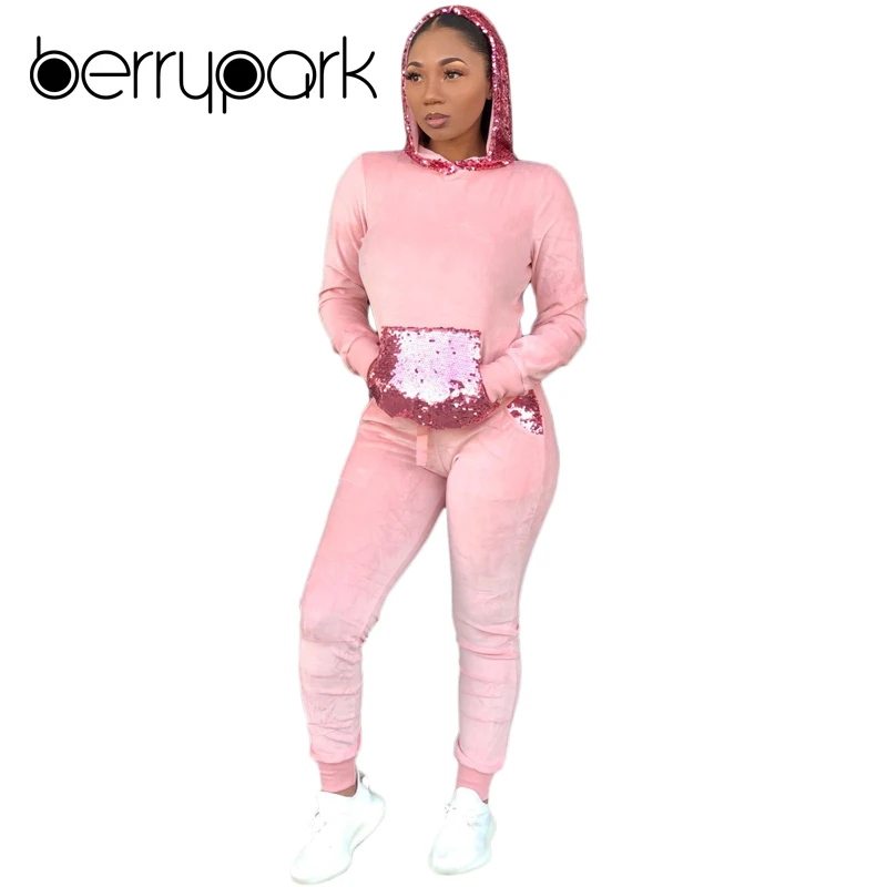 

BerryPark Velour Reflective Sequin Tracksuit 2019 Winter Women Velvet Hooded Tops + Pants 2 Piece Set Sport Outfit Drop Shipping