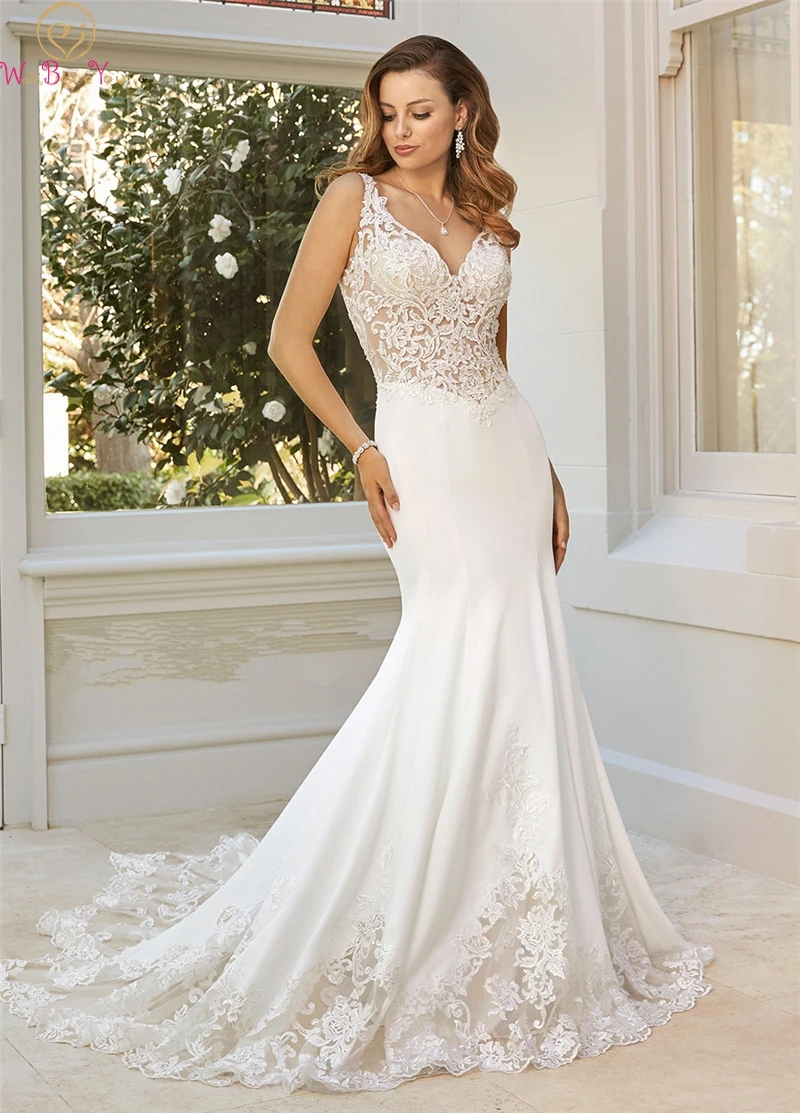 

Elegant Lace Appliques Wedding Dresses 2019 Summer Sleeveless Backless Stain Bridal Gowns Sweetheart Floor Length vestido noiva